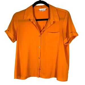 Pink Rose Orange Button Up Blouse Women's Short Sleeve Shirt Size Small